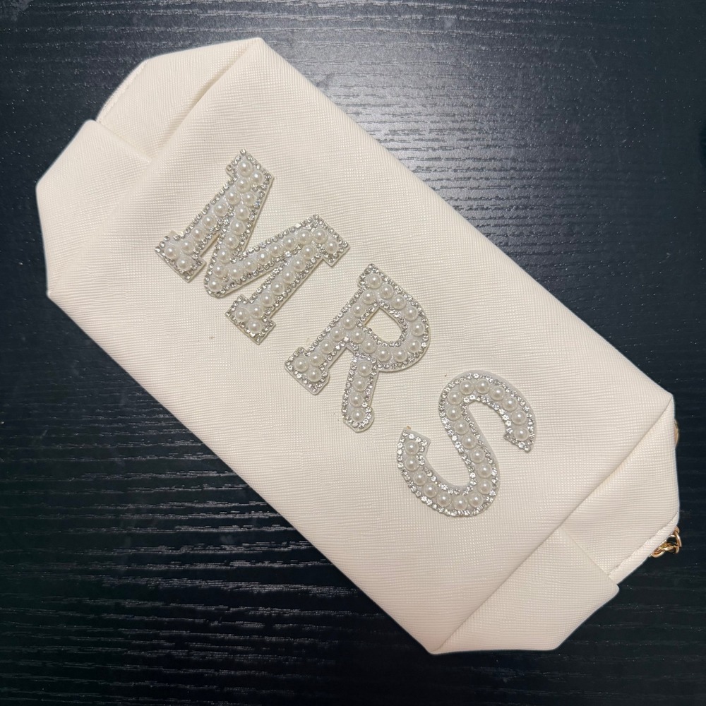 MRS Pearl Rhinestone Bridal Makeup Bag White Faux Leather Wedding Cosmetic Pouch